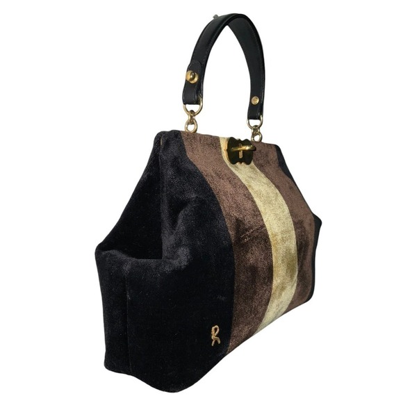 Vintage Roberta di Camerino Handbag 2 Toned Velvet Brown Leather Top Handle - Picture 4 of 16